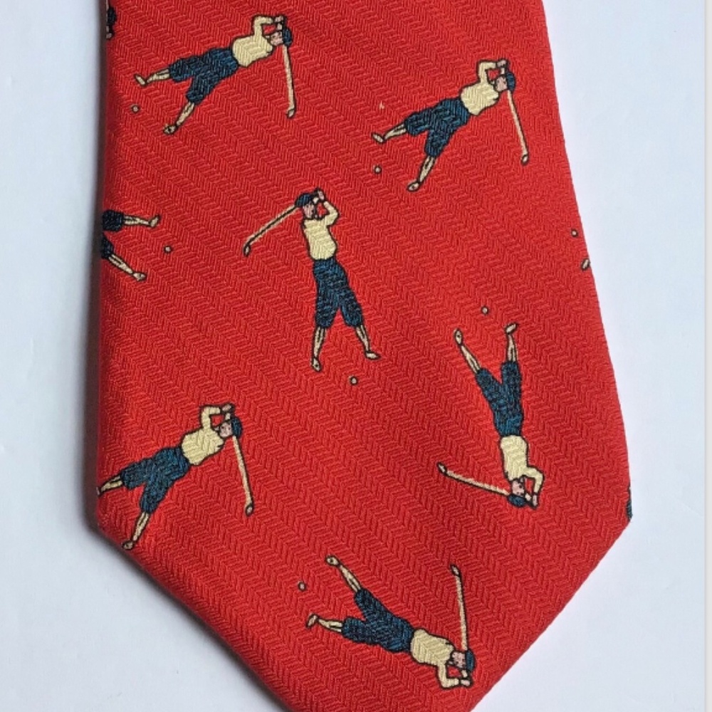 Harry Rosen red with golfers print silk tie made in Canada 🇨🇦